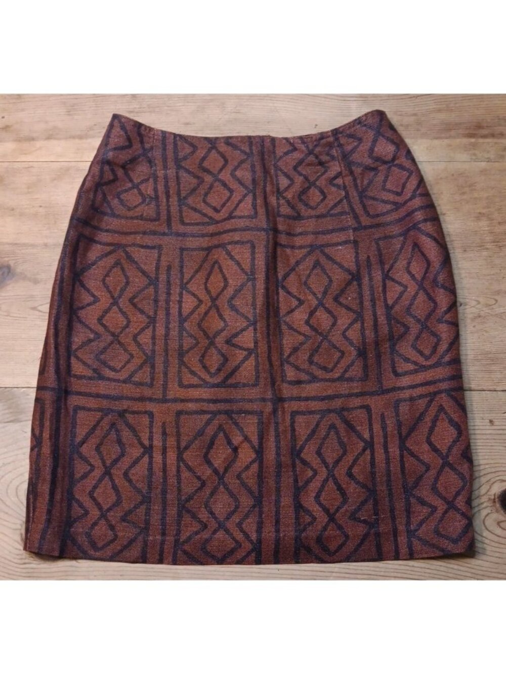 Vtg Cambridge Dry Goods Skirt Womens 8 Linen Blend Brown Geometric Knee Length